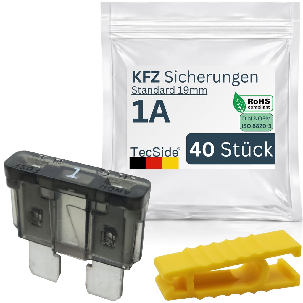 KFZ Sicherungen 1A | 40 Stück + Sicherungszieher | Stecksicherungen für 12V 24V 32V | 19mm Flachsicherungen nach DIN ISO 8820-3 | Für Boot, Motorrad, Wohnmobil & Roller - Autosicherungen | Schwarz