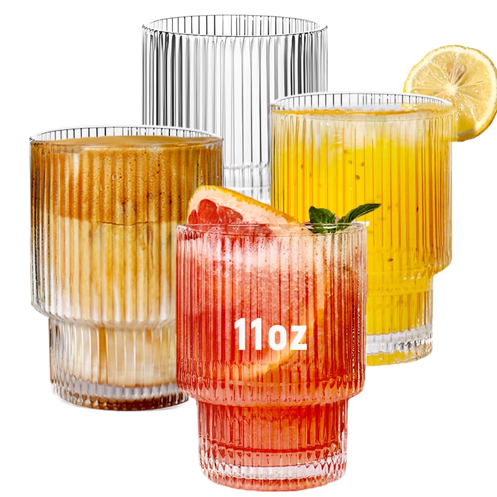 Ribbed Glassware Set of 4, 11oz Clear-Short Origami Style Drinking Glass Cup, Iced Coffee, Cocktail, Beer, Juice Drinking Glasses