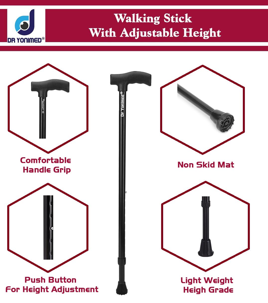 Dr Yonimed Walking Stick Premium (Black) Height Adjustable Single Leg L-Shaped (for Men/Women/Old People/Handicap Person) Made of Alloy Steel (Light Weight) 3