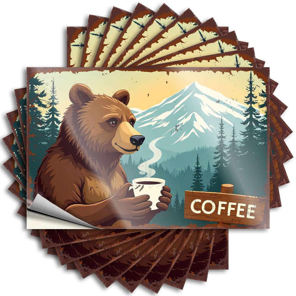 Fzfn Colour A Bear Enjoying Coffee In A Mountainous Forest Setting. High Lettering Sticker | Beauty Waterproof Vinyl Laptop Thankful Removable Decal Peel Stick(6X9cm)