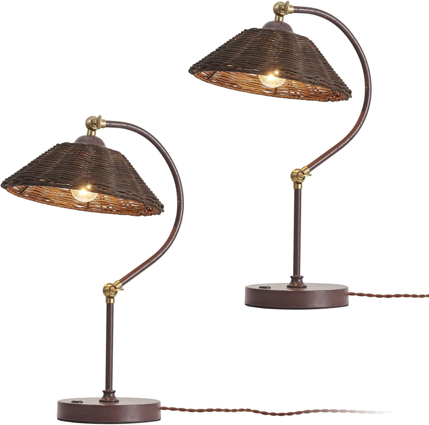 2 Pack Woven Rattan Table Lamp, Boho Plug in Handmade Rattan Shade & Anti-Rust Iron Base Desk Lamp, Plug & Play Vintage Dark Brown Bedside Lamp for Living Room, Office, Bedroom 【Bulb Included】
