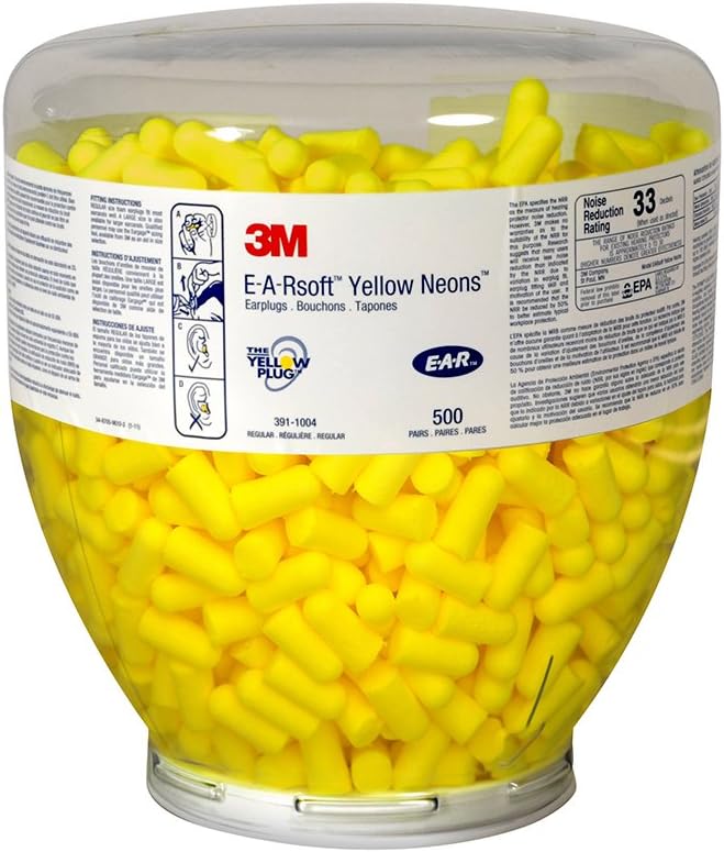 3M Ear Plugs, E-A-Rsoft Yellow Neons 391-1004, Bottle of 500 Pair of Disposable Earplugs, Regular Size, Uncorded, 33 NRR, Tapered Cylinder Shape, Slow Recovery Foam