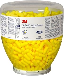 3M Ear Plugs, E-A-Rsoft Yellow Neons 391-1004, Bottle of 500 Pair of Disposable Earplugs, Regular Size, Uncorded, 33 NRR, Tapered Cylinder Shape, Slow Recovery Foam
