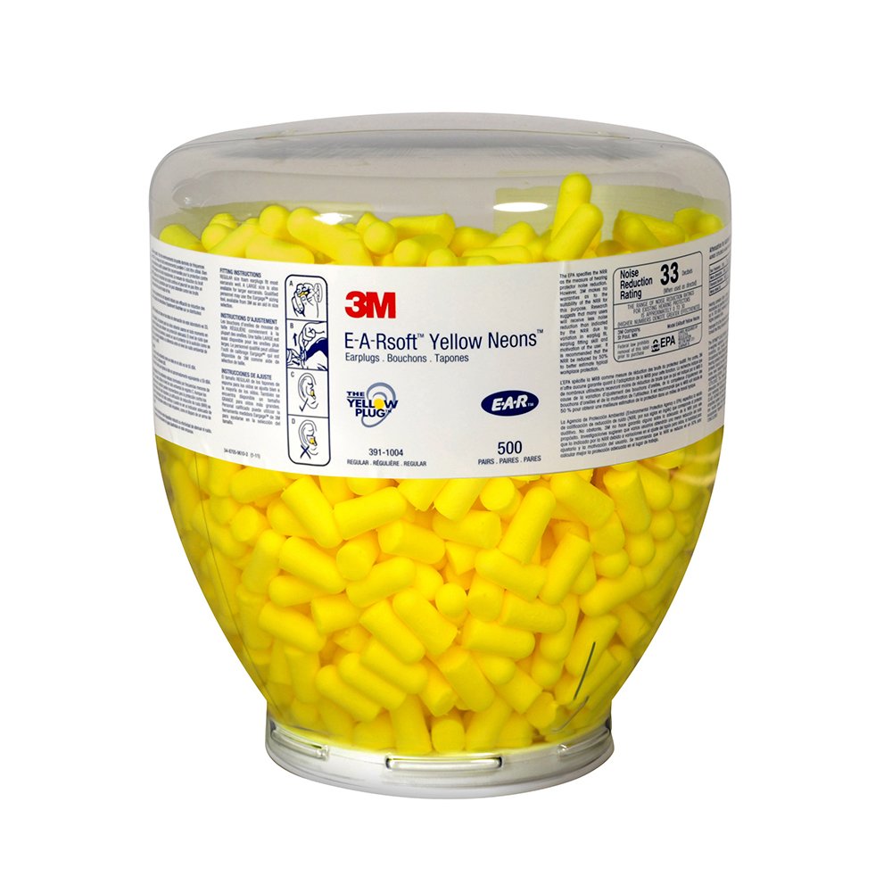 3M Ear Plugs, E-A-Rsoft Yellow Neons 391-1004, Bottle of 500 Pair of Disposable Earplugs, Regular Size, Uncorded, 33 NRR, Tapered Cylinder Shape, Slow Recovery Foam