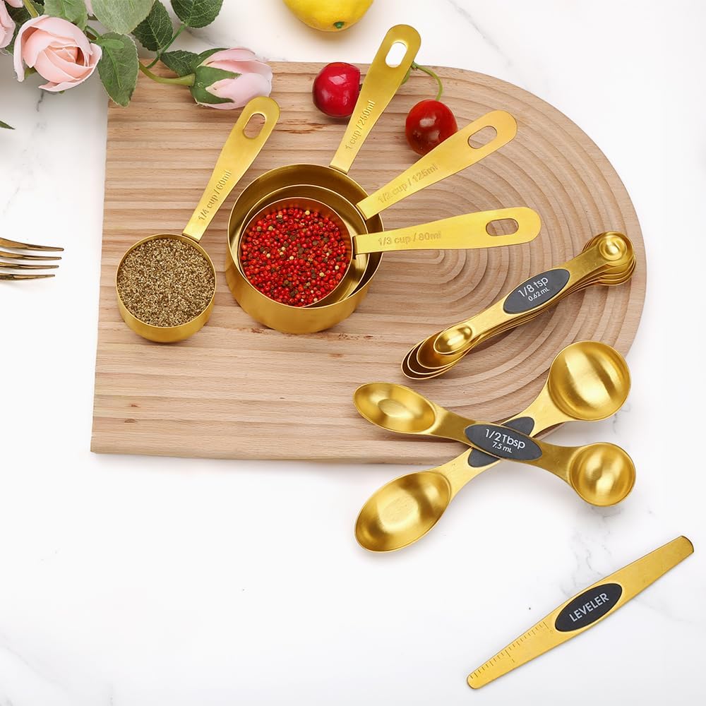 Gold Measuring Cups and Spoons, Set of 13, Including 8 Dual Sided Magnetic Measuring Spoons set with Leveler, 5 Measuring Cups, Stainless Steel Kitchen Gadgets for Liquid & Dry Ingredients