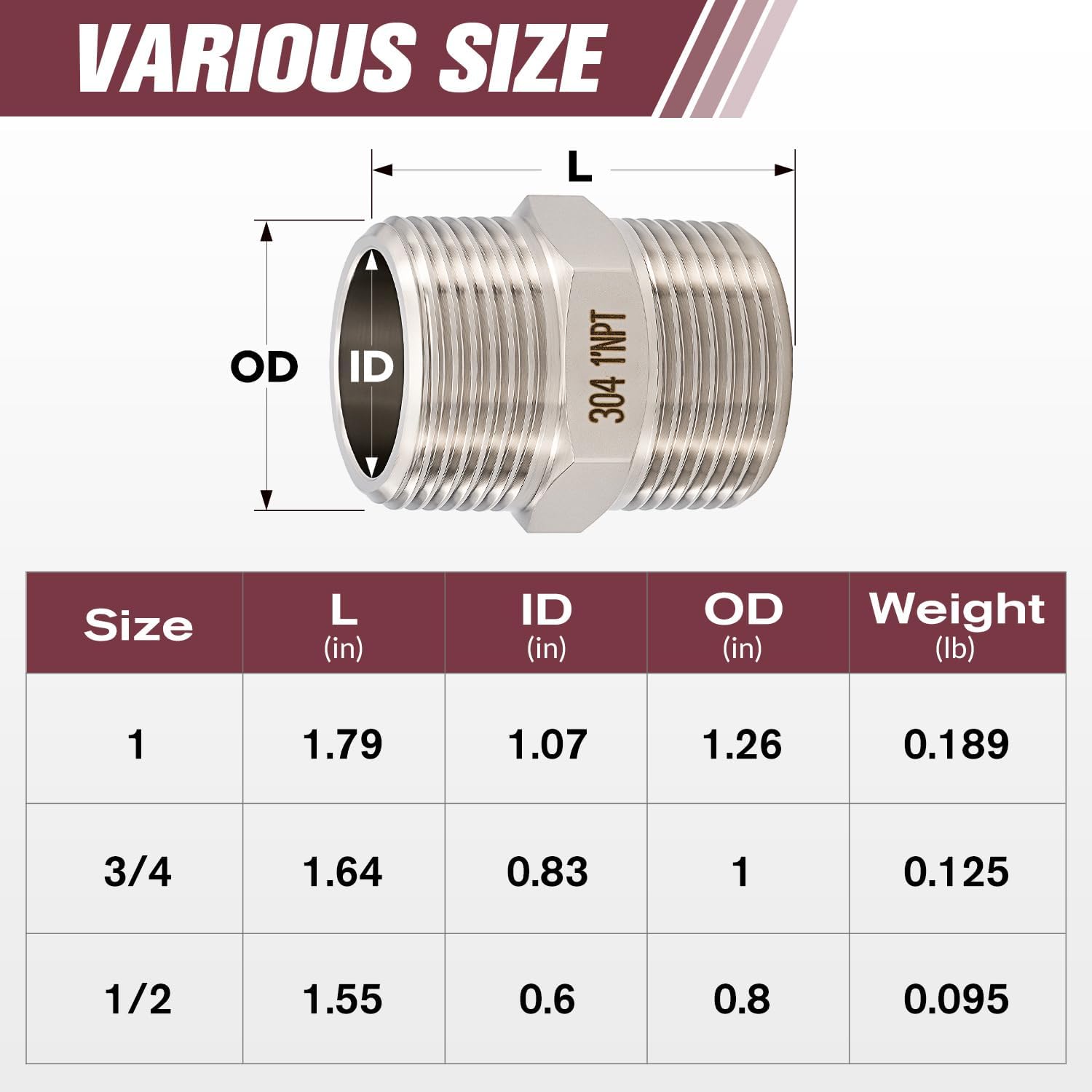 2pcs 1" Male Hex Nipple Pipe Fittings, 304 Stainless Steel 1 inch NPT Threaded Pipe Adapter Fittings Equal Nipples Connectors, Male Straight Connector Pipe Fitting