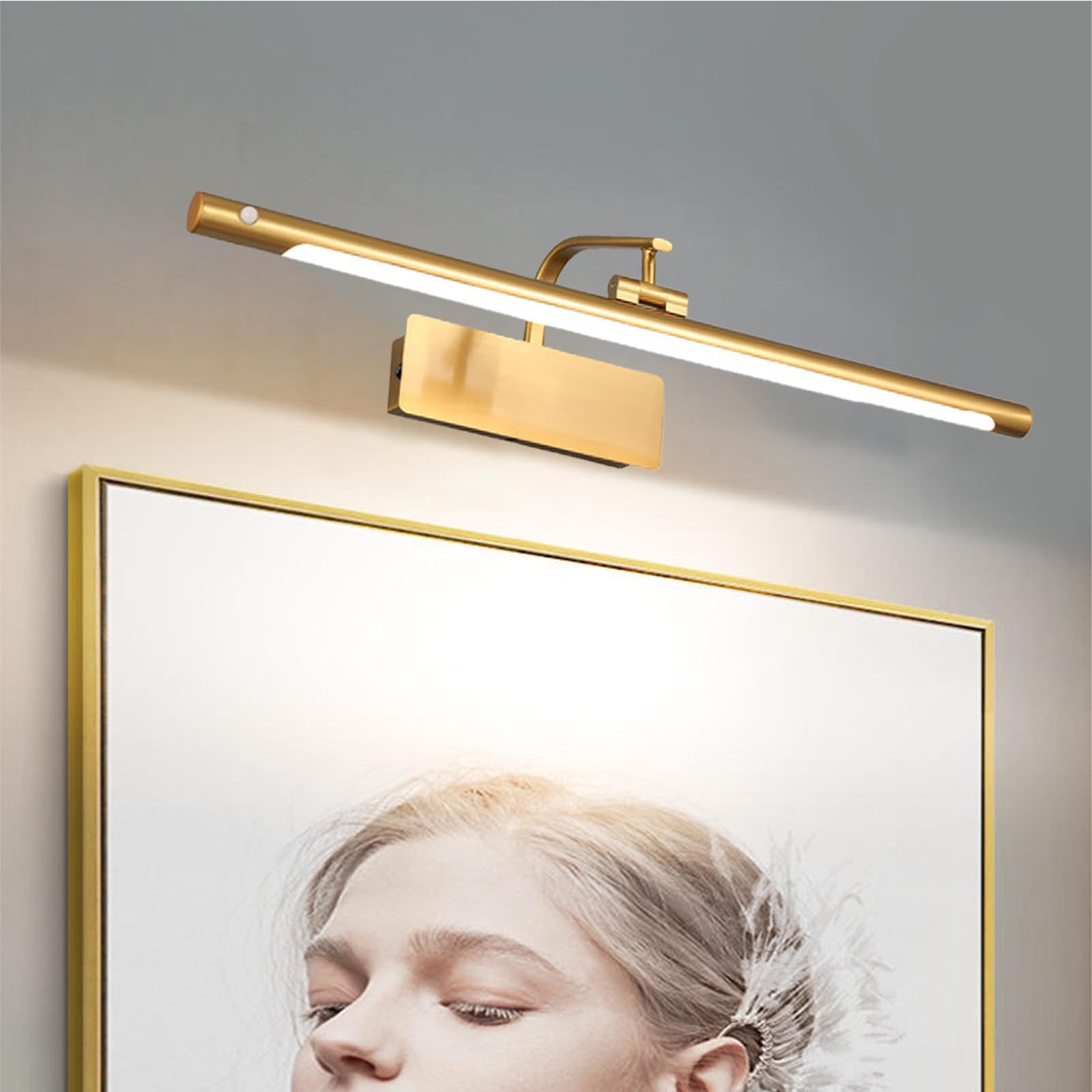 LED Spiegelleuchte Bad mit Bewegungsmelder Modern Wandleuchte Faltbar Einstellbarer Winkel Wasserdicht Wandbeleuchtung Bildbeleuchtung für Schminktisch Badezimmer (Goldenes Neutrales Licht,50cm)