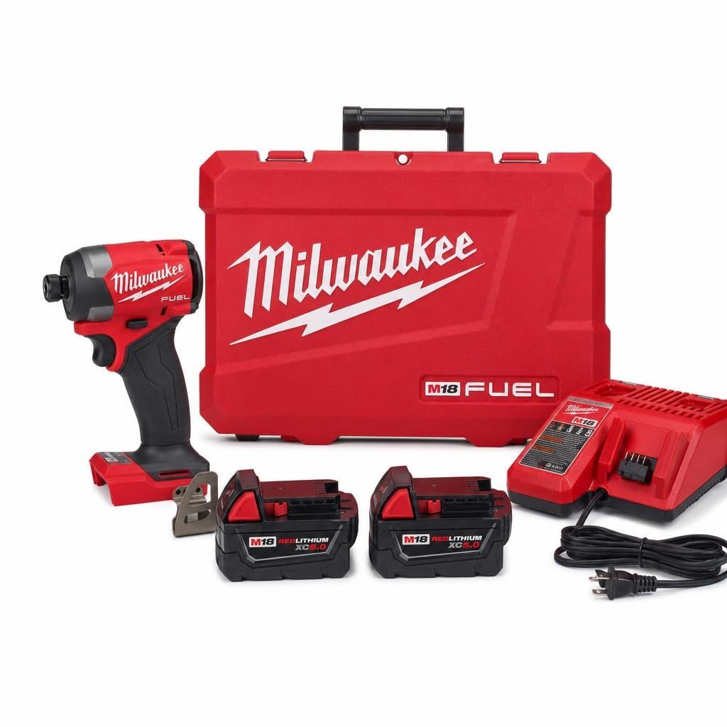 Milwaukee 2953-22 18 V Cordless Brushless 1/4 "Hex Impact Driver Kit con (2) 5.0Ah agli ioni di Litio Batterie, Caricatore & Valigetta degli Attrezzi