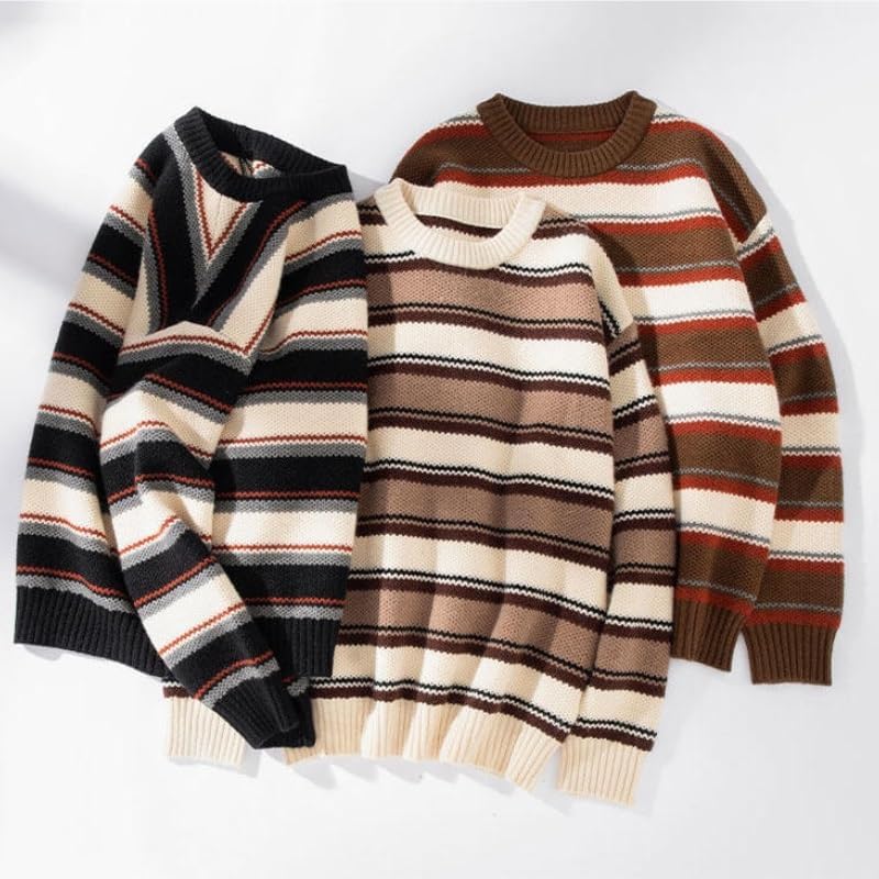 Men's Casual Knitted Sweater Loose Striped Round Neck