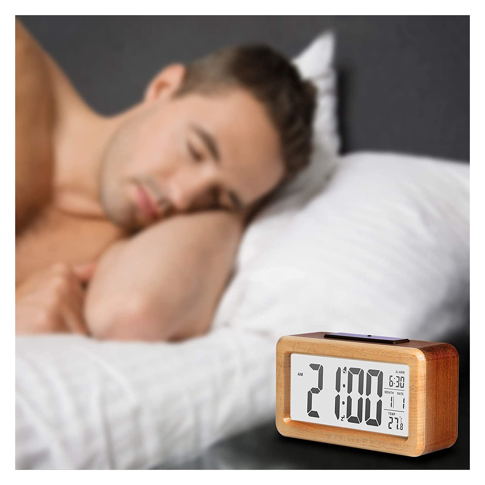 WTL Despertador Reloj de alarma digital Electrónica de madera Reloj de alarma con luz de fondo transparente, Sensor inteligente Luz de noche con snooze, fecha, temperatura, cubierta de roble macizo, o