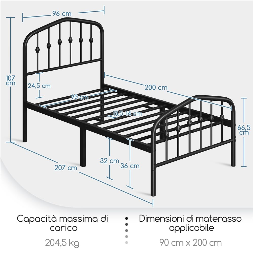 Yaheetech Struttura Letto Singolo Moderno in Metallo con Testiera Rete a Doghe per Camera 90 × 200 cm