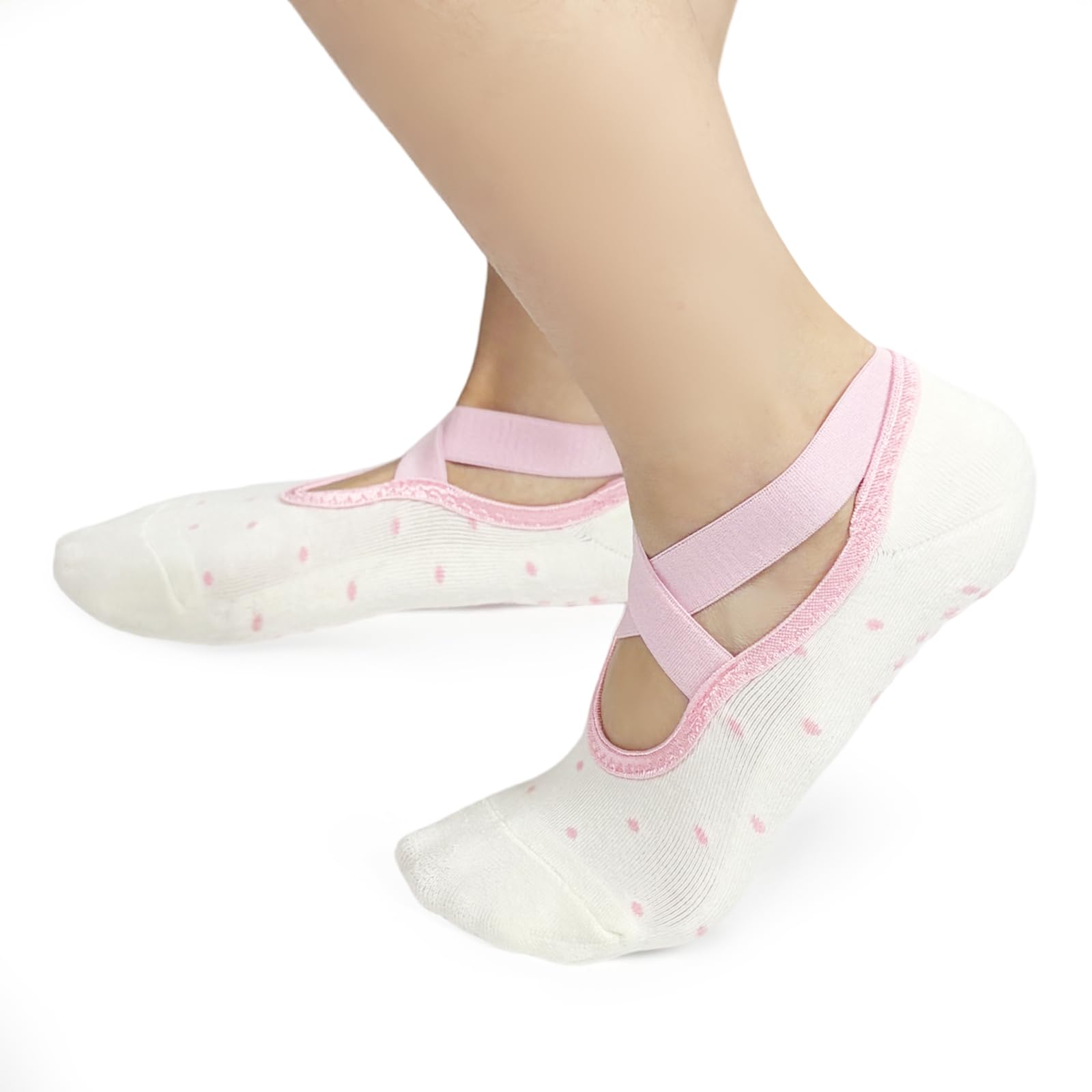 Pilates Grip No Show Yoga Socks for Women – X Strap Non Slip Barre Socks Heart Polka Dot Studio Workout Socks