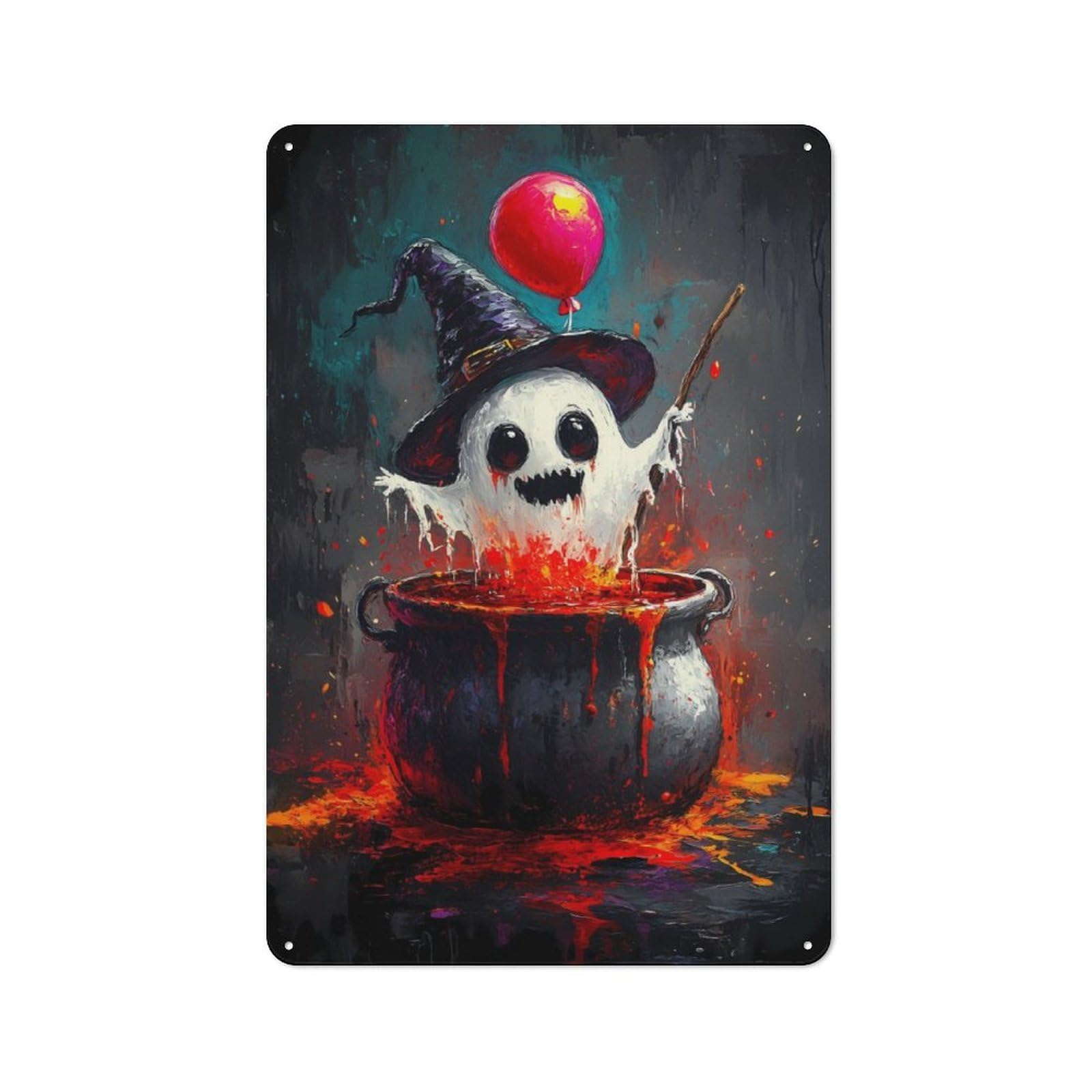 Vintage Tin Sign 30x20cm with Ghostly Witch in Cauldron for Hobby Room Or Studio, for Studio Owners Refreshing A Room in Autumn