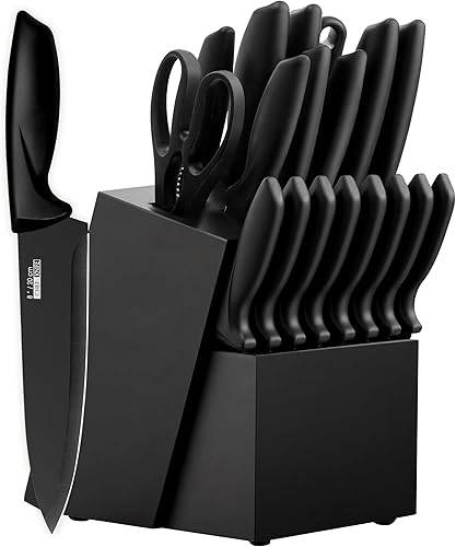 Juego de 20 cuchillos para cocina con bloque, apto para lavavajillas, con afilador integrado, juego de cuchillos de acero inoxidable alemán negro