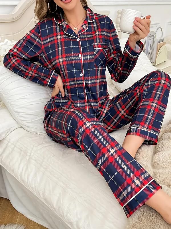 Image of Night Suit for Women with Full Sleeve Button-Down Top with Pant Dress for Woman,Night Dress for Woman, Two-Piece Loungewear Set