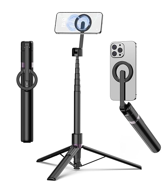 TONEOF 68" Magnetic Selfie Stick Tripod with Aluminum Strong Magnetic Holder for Magsafe, 360° Rotatable Travel Phone Tripod Stand with Metal Ring & Rechargeable Remote for iPhone/Android(Beige Gray)