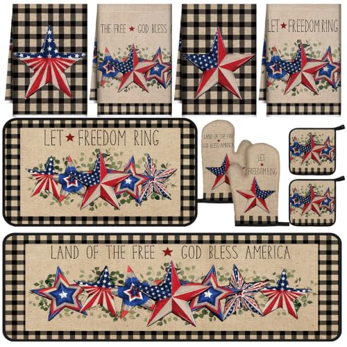 Fourluoo 10 Pcs 4th of July Kitchen Decor and Accessories Red Blue and White Oven Mitts and Pot Holders Set Vintage Dish Towel Patriotic Independence Day Kitchen Decor for 250th Anniversary Women Gift