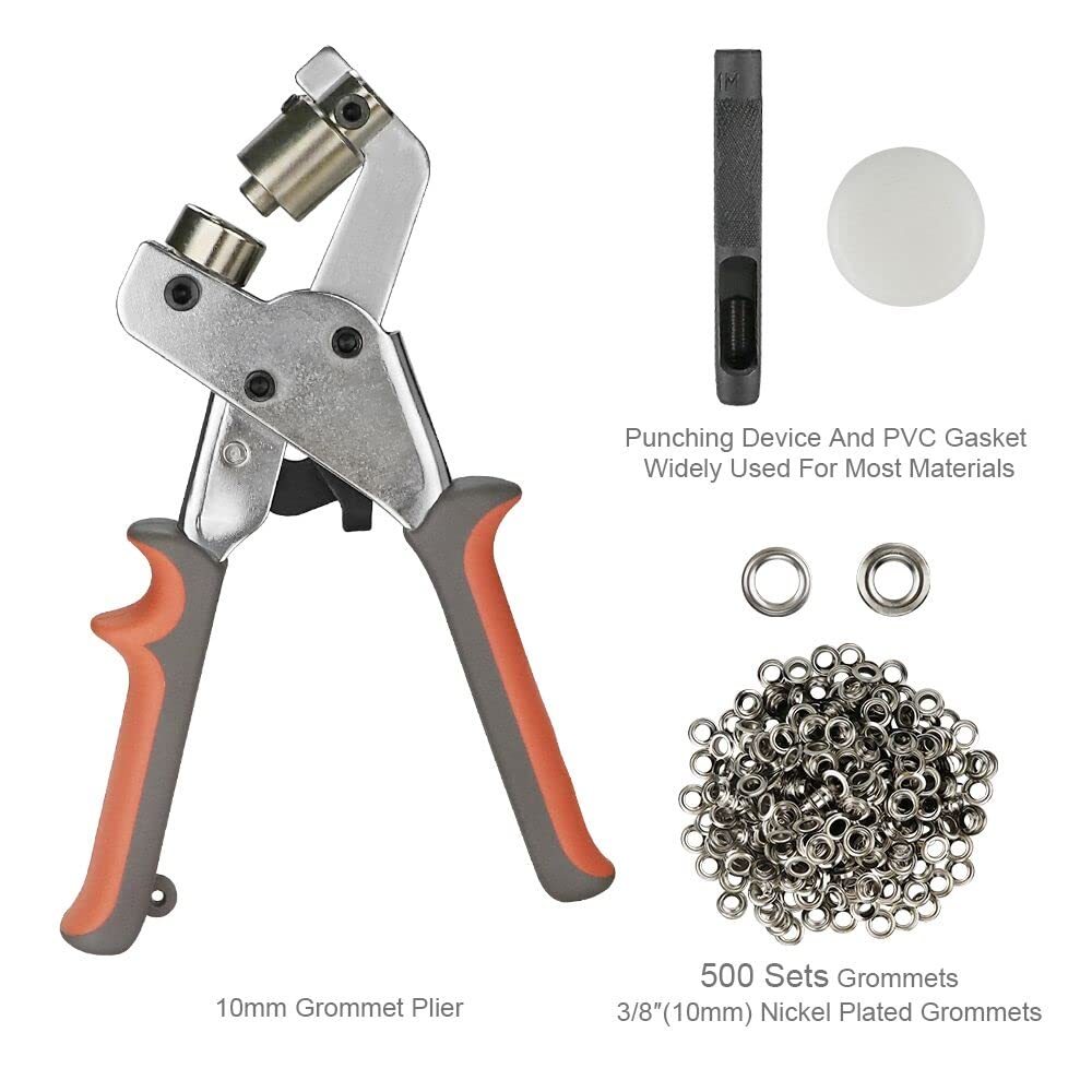 Grommet Tool Kit 3/8 inch Grommet Press Pliers, Handheld Hole Punch Pliers Portable Eyelet Setting Pliers with 500pcs 10 mm Silver Grommets, Hole Puncher, Punch Pad