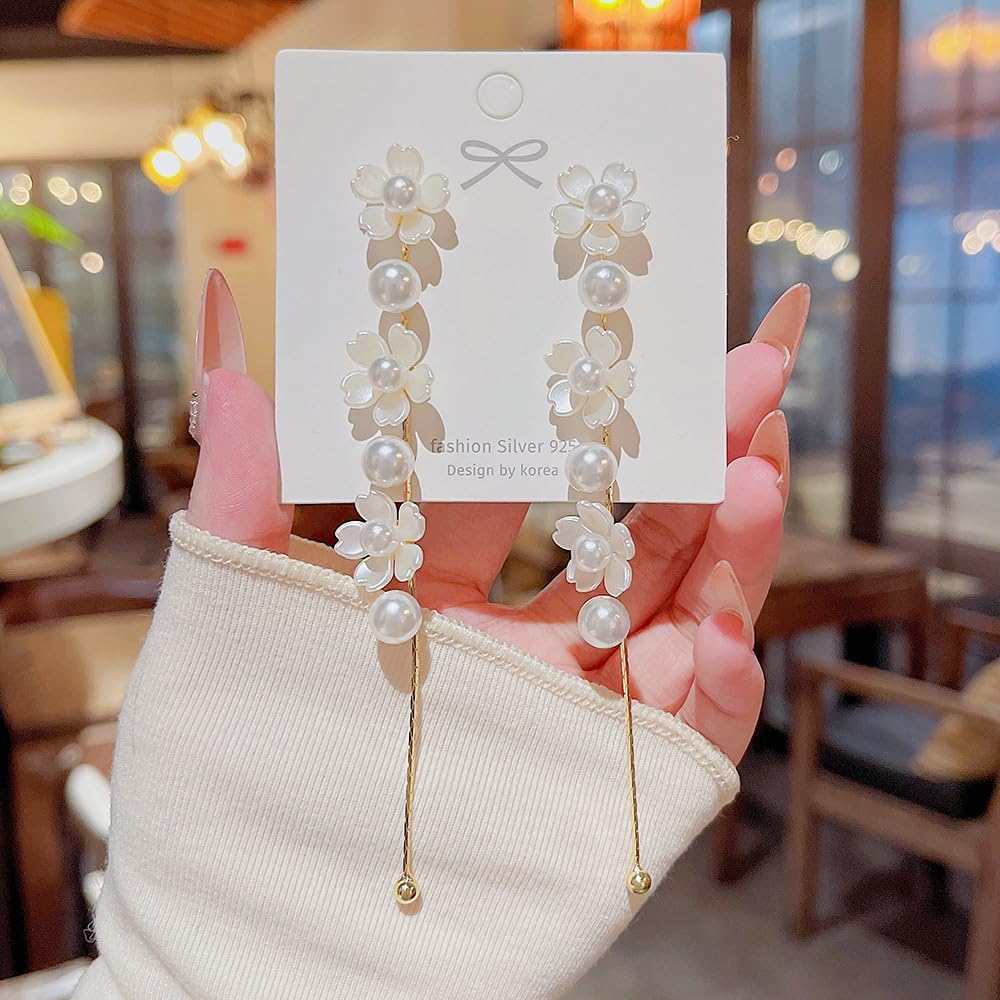 Long Pearl Flower Tassel Stud Earrings for Women Vintage Pearl Dangle Earrings Wedding Jewelry - Image 7