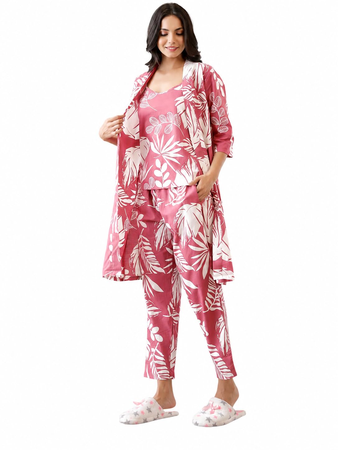 OM SHRI Women Printed Night Suit 3 Piece Set | Floral Leaf Print Top Pant with Matching Shrug | Comfortable Loungewear Co-Ord Set for Sleepwear, Nightwear & Lounge Wear-picture-28