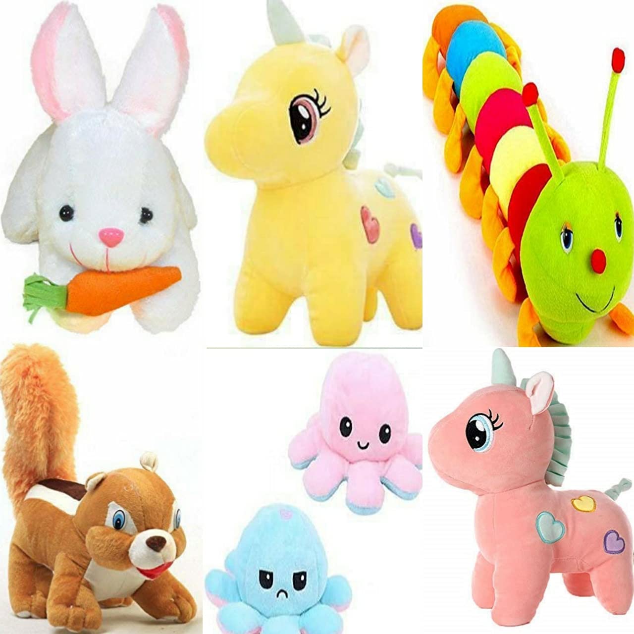CASTEN Incredible Pack of Six Soft Plush Stuffed Animal Toy (Pink Unicorn, Reversible Octopus, Rabbit, Squirrel, Caterpillar and Yellow Unicorn) Product for Your Loved Ones Babies and Kids