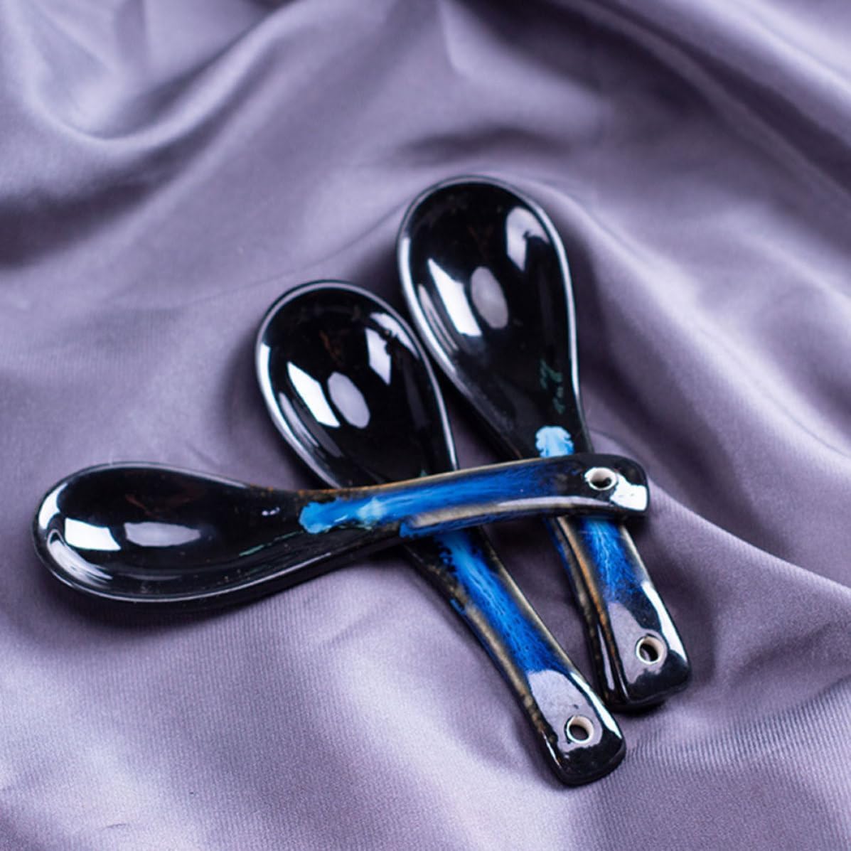 SHINEOFI 2pcs Blue Ceramic Porridge Spoon Set with Long Handle, Multi-function Soup and Tea Spoon for Home and Restaurant Use, Sturdy and Heat Resistant Tableware