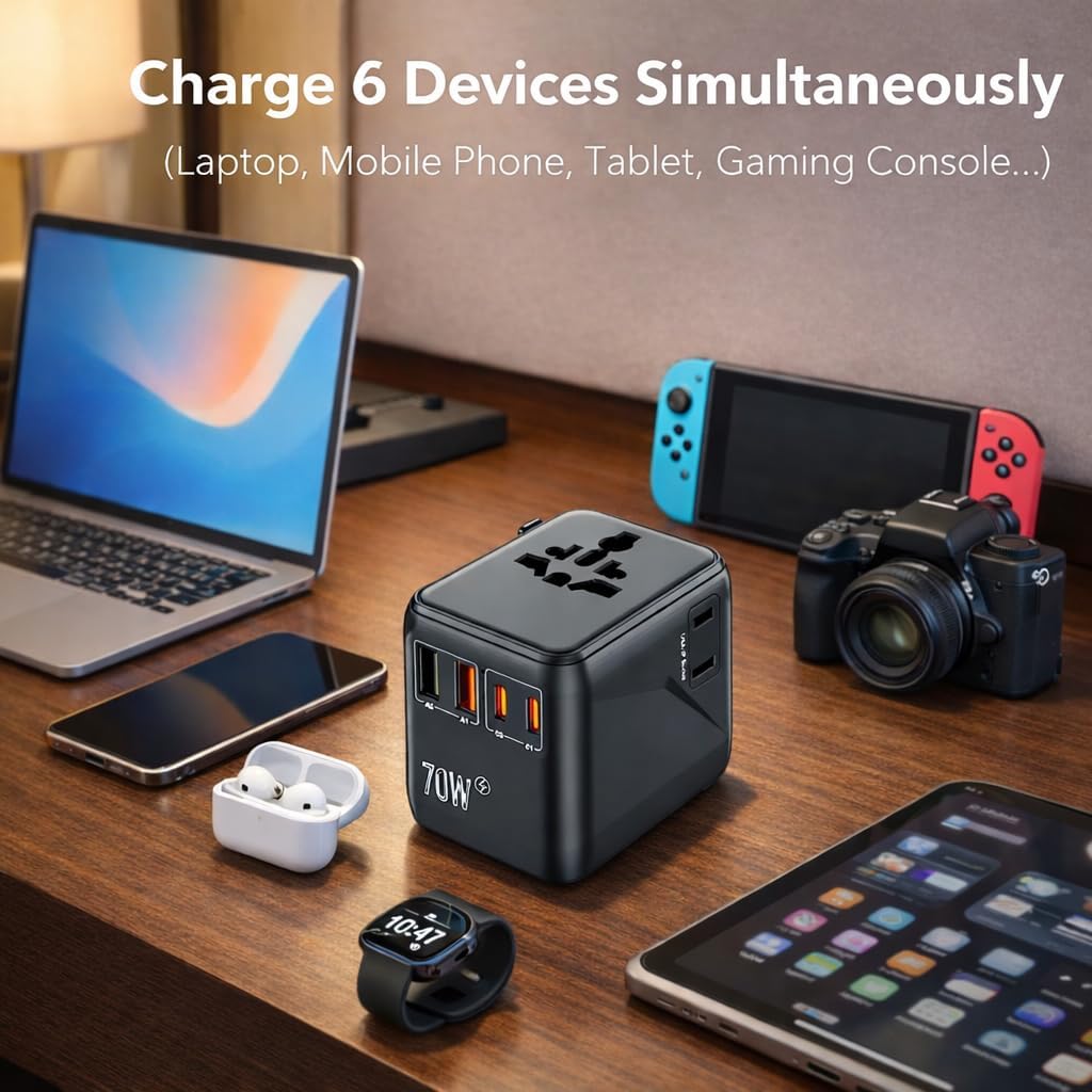 GaN 70W International Travel Adapter for US/JP, EU, UK, AU, 6-in-1 Universal Power Hub with 2 USB-C (PD 70W), 2 USB-A, and Extra US AC Outlet, Fast Charging Worldwide Plug, 2 Anti Theft Zipper Clips