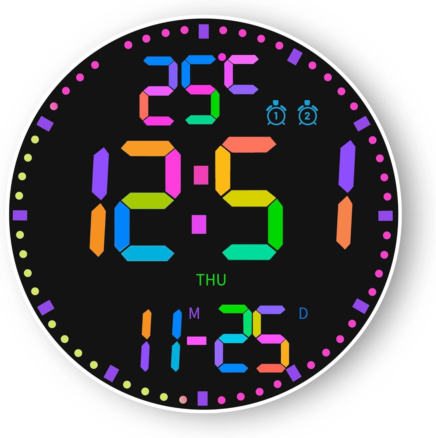 Elecbee Horloge murale numérique de 30,5 cm – Grand écran LED avec rétroéclairage RVB à distance – Réveil calendrier et température (interrupteur C/F), luminosité réglable pour chambre à coucher