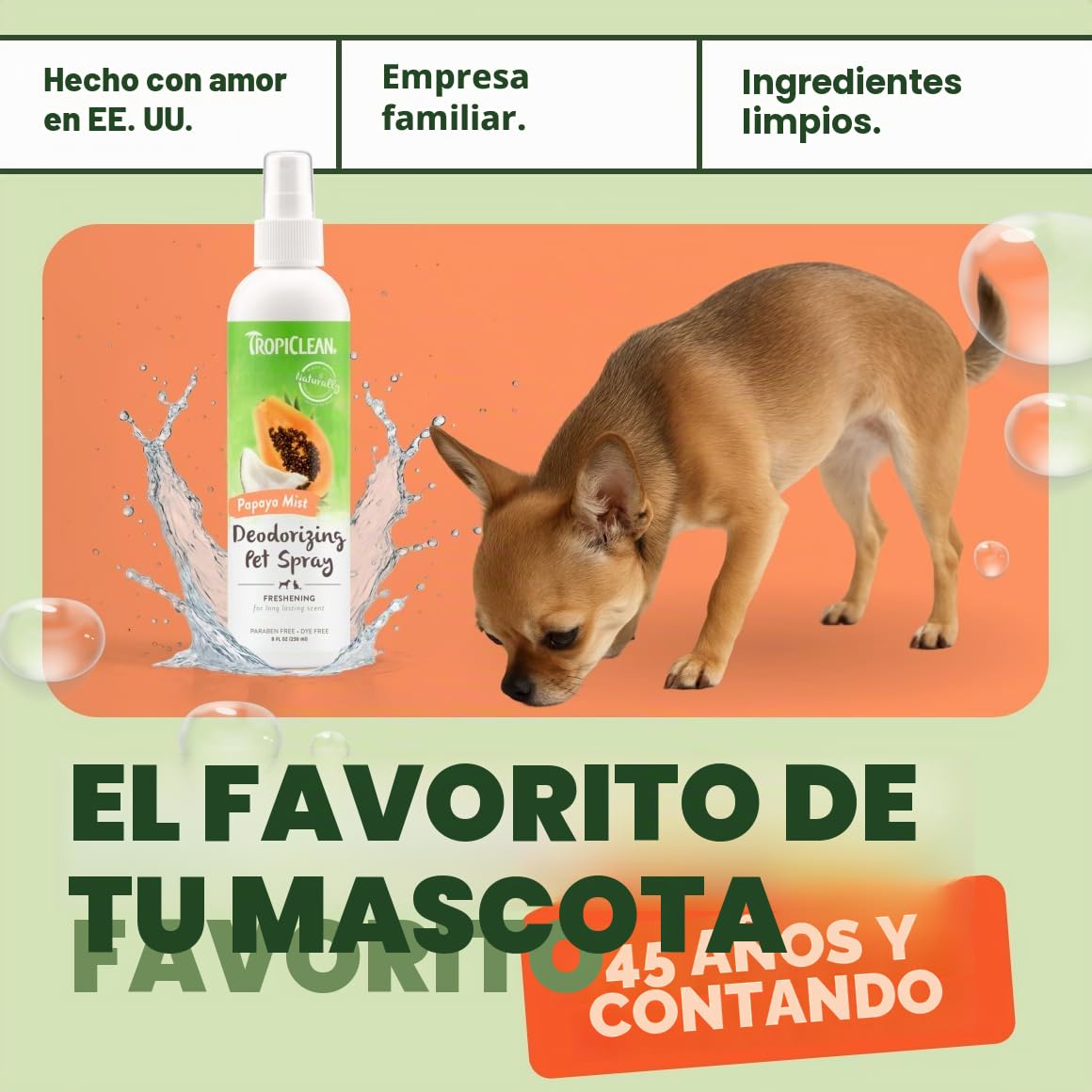 TropiClean Dog Spray Grooming Supplies - Spray antiodore e profumato per il pelo del cane - Abbatte gli odori e deodora cani e gatti - Senza parabeni - Utilizzato dai toelettatori - Papaya Mist, 236ml