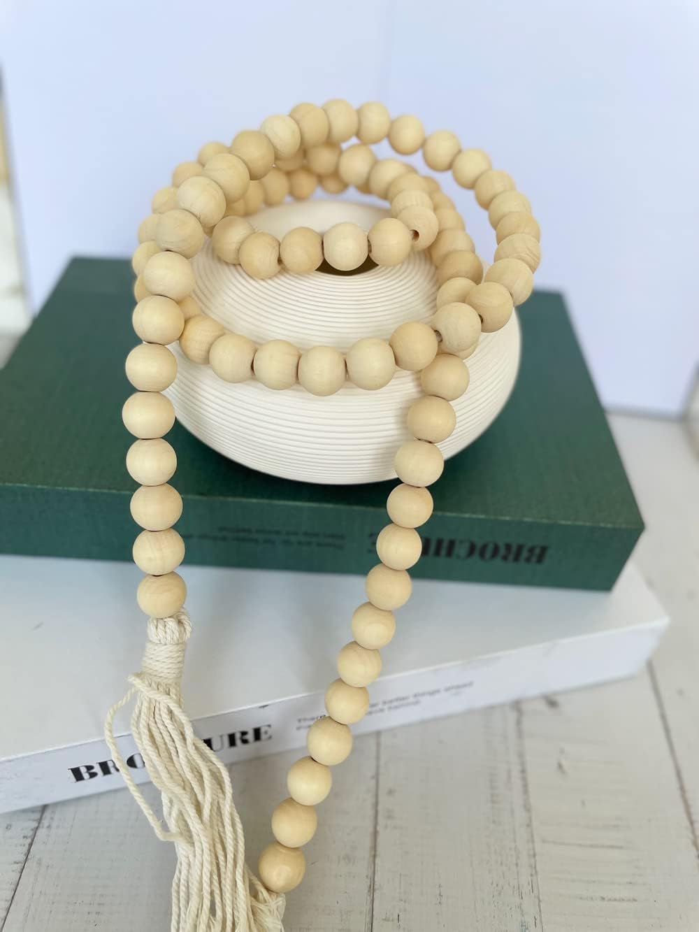 Farmhouse Beads 58in Handcrafted Natural Wood Bead Garland with Tassels Rustic Country Decor Prayer Boho Beads Big Wall Hanging and Coffee Table Decor