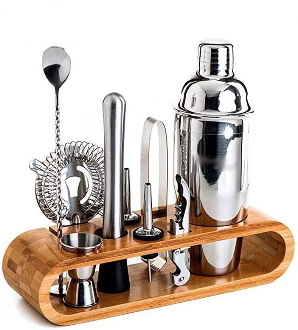 Juego de herramientas de barra de acero inoxidable de 10 piezas con base ovalada de madera, 750 ml, juego de coctelera