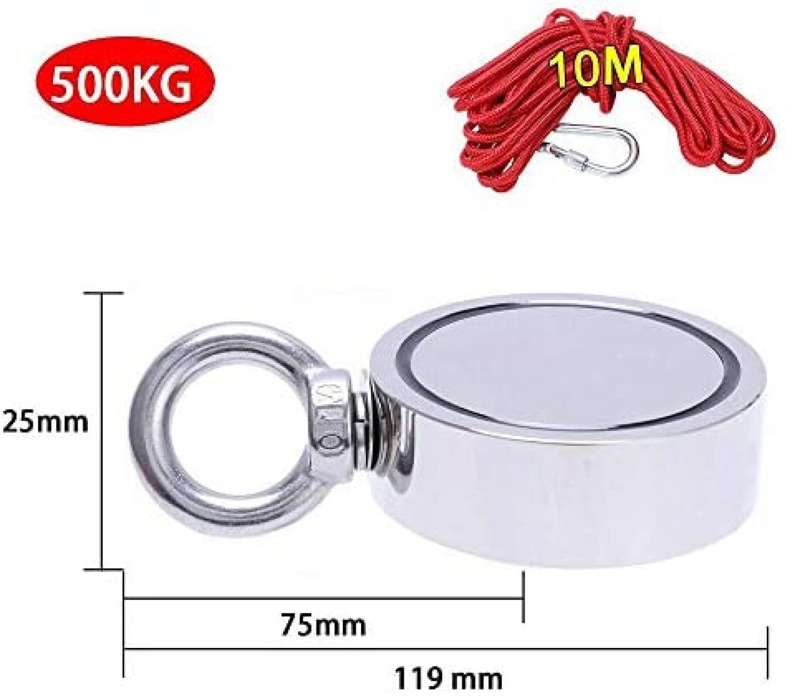 Aimant de pêche rond Double face de 500kg/1100lb, boulon à œil en néodyme de récupération avec corde de 10m pour l'industrie des sciences de la pêche de récupération