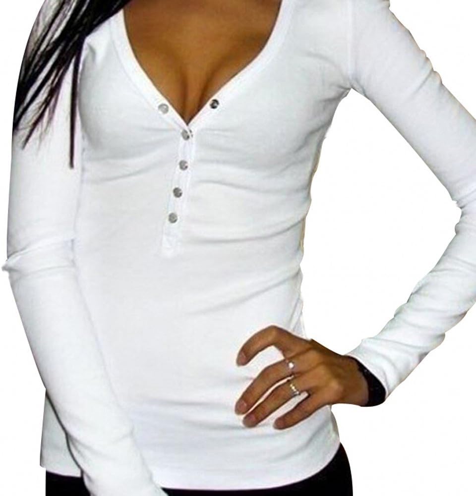 Doreen Sexy Womens Long Sleeve Bandage Button V Neck Loose Tee Shirt Ladies Top Blouse Size 12 US White.