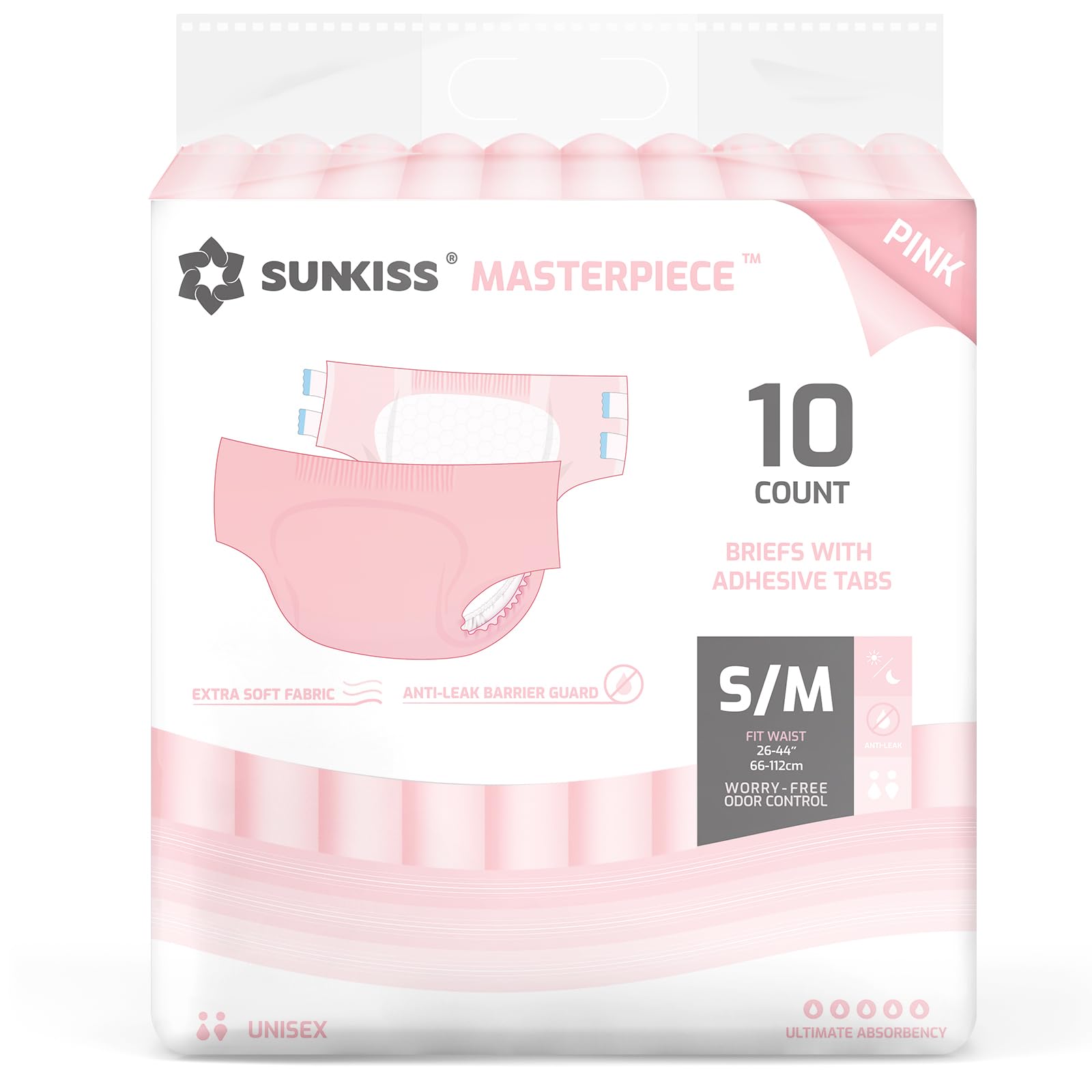 SUNKISS Masterpiece Adult Diapers with Tabs, Unisex Disposable Incontinence Briefs for Women and Men, Odor Control, Pink, Medium, 10 Count