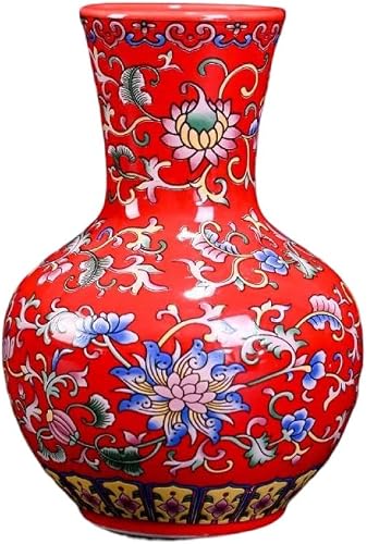 Small Ceramic Vase for Flower Handmade Elegant Vintage Chinese Painting Red Enamel Glazed Porcelain Decorative Vases for Office Home (D)