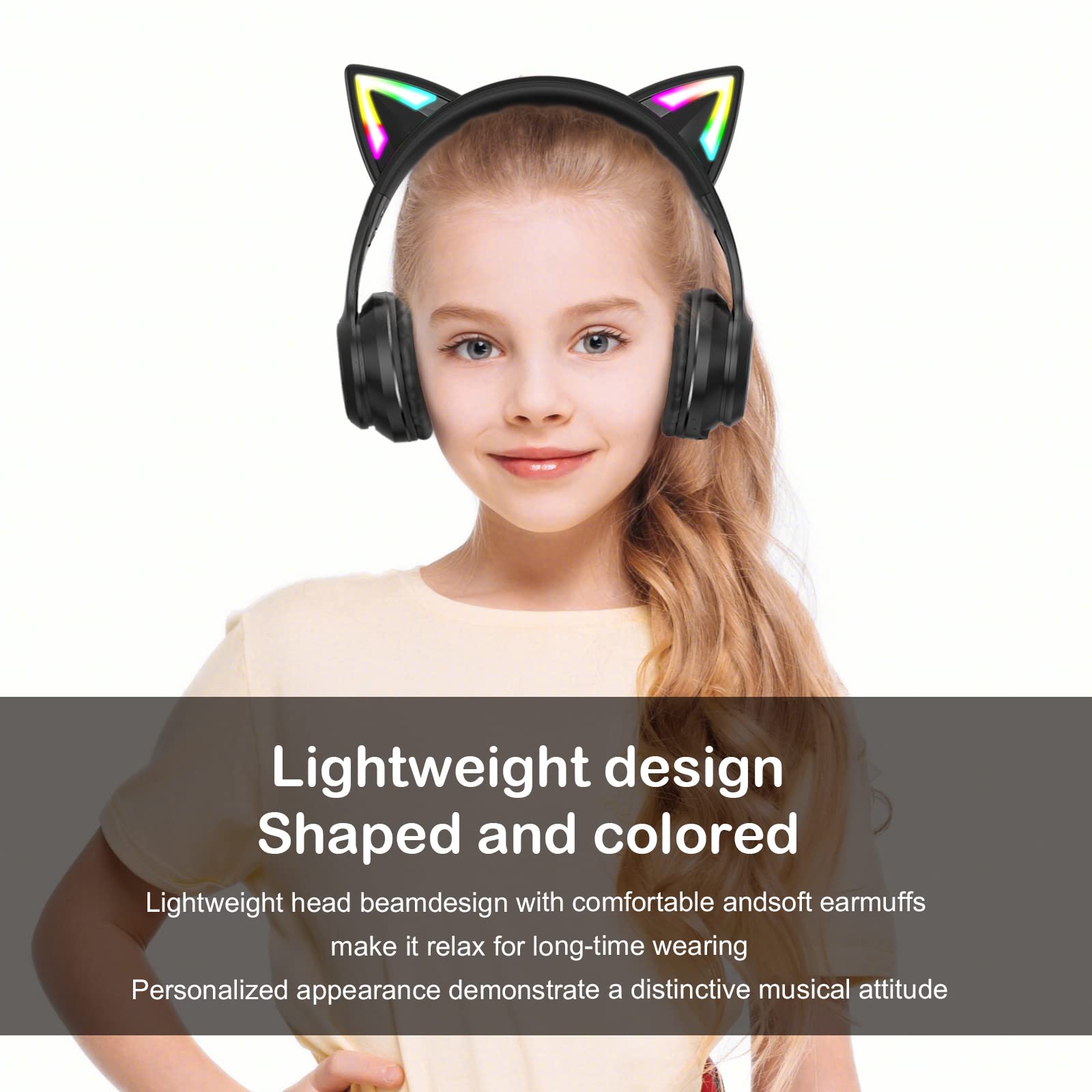 Casque Bluetooth avec oreilles de chat pour enfants et adultes, mode sans fil et filaire casque pliable avec micro – Qualité sonore claire – Lumière LED RVB pour filles, jeux scolaires, pour téléphone
