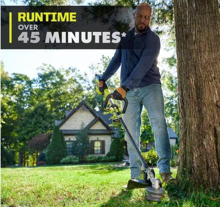 Man using string trimmer with 'RUNTIME OVER 45 MINUTES' overlay