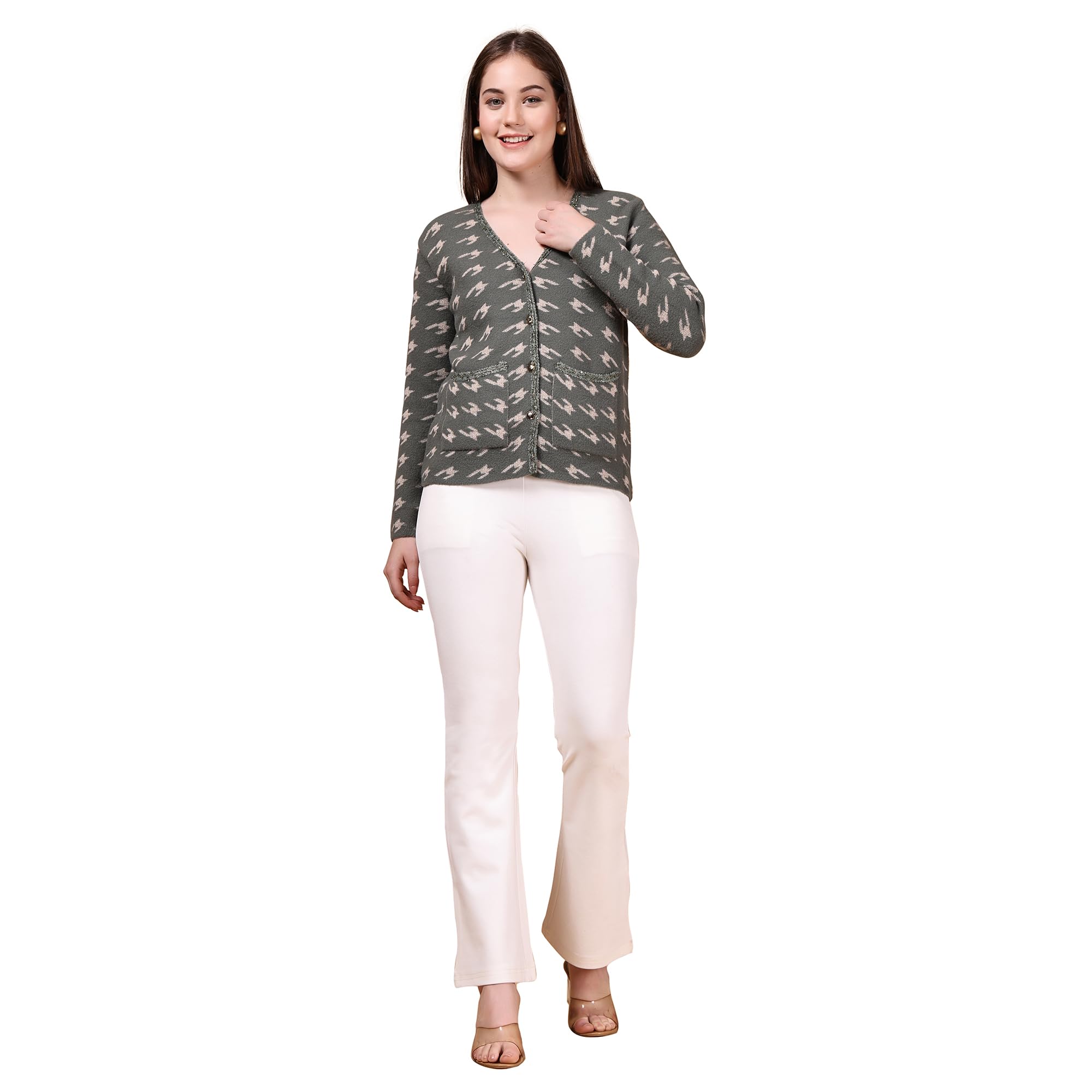 Women Abstract Printed V-Neck Woollen Cardigan Olive_T5W 25126-image-7