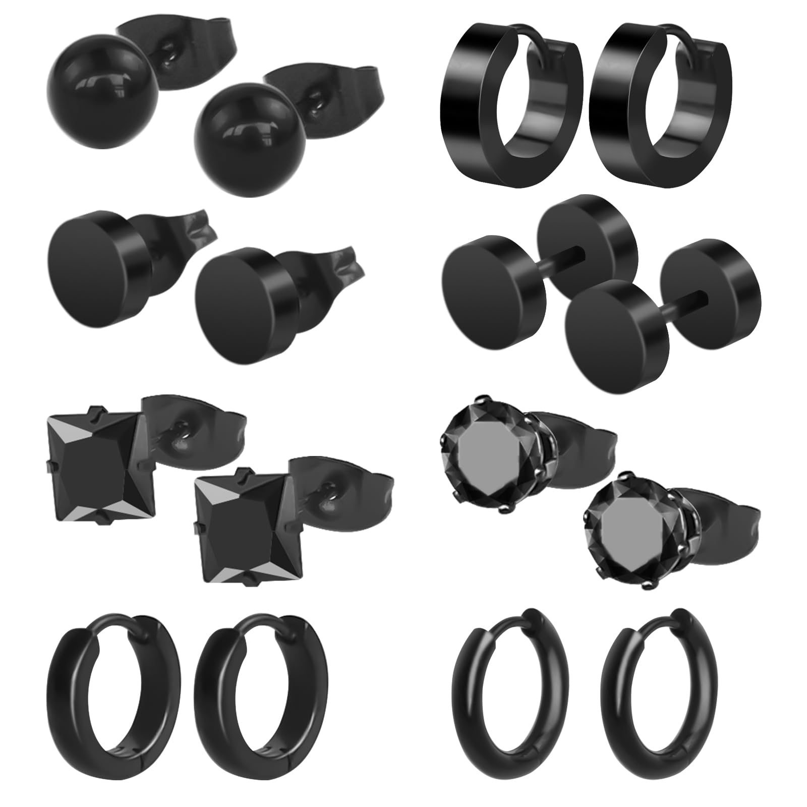 Bohoray 8 Paires Acier Inoxydable Boucles d'Oreille pour Homme et Femme, Noir, Anneaux Ronde pour Hommes et Femmes, Enfa