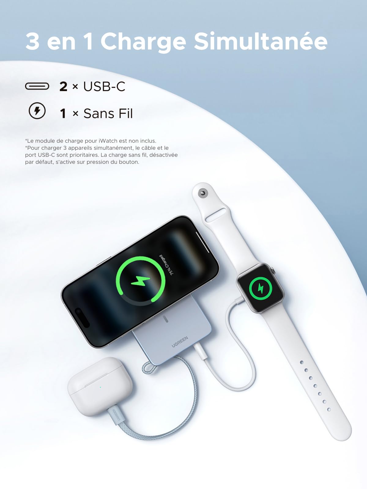 UGREEN MagFlow Qi2 25W Batterie Externe 10000mAh Câble USB C PD 30W Compatible avec MagSafe iPhone 17 16 15 14 13 12 Air Plus Pro Max Power Bank Induction Magnétique Écran Numérique (Bleu)