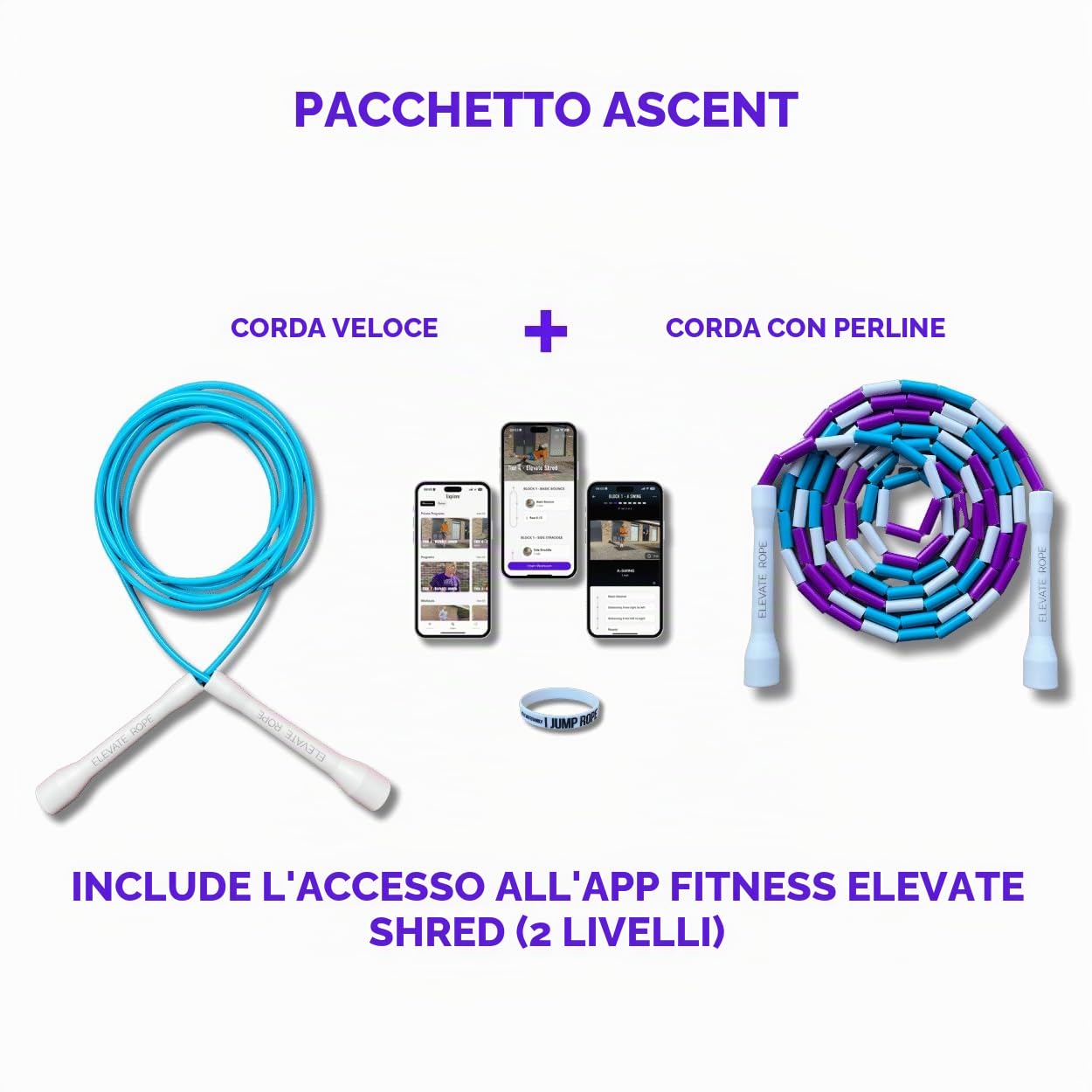 Elevate Rope - Pacchetto di corda per saltare con app per allenamento - 2 x corda per saltare regolabile - Adulti e bambini - Speed + corda con perline - Condizioni e trucchi - Interno/Esterno - Set
