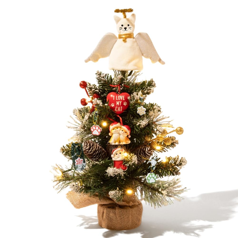 Faux Christmas Tree 14? with Lights and Cat Angel Tree Topper – Includes 7-Piece Cat Ornament Set, Battery-Operated LED Lights, Flocking, Red Berries & Pinecones