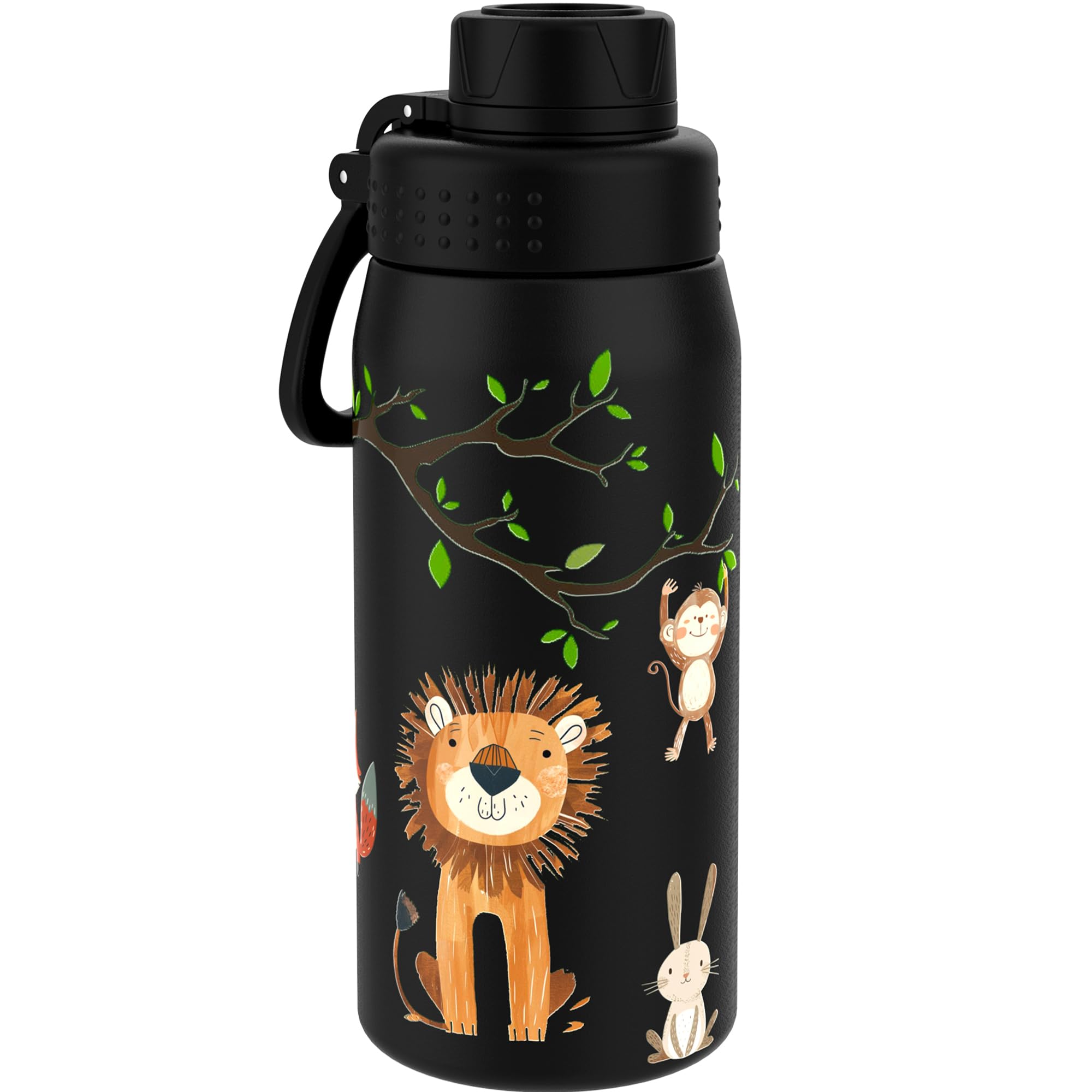 GOPPUS 550ml/19oz Kids Insulated Water Bottle with Screw Lid (No Straw) Stainless Steel Toddler Bottle School Flask Girls Boys Drinks Cup with Handle & Leakproof & Keep Drinks Cold (Black Lion)