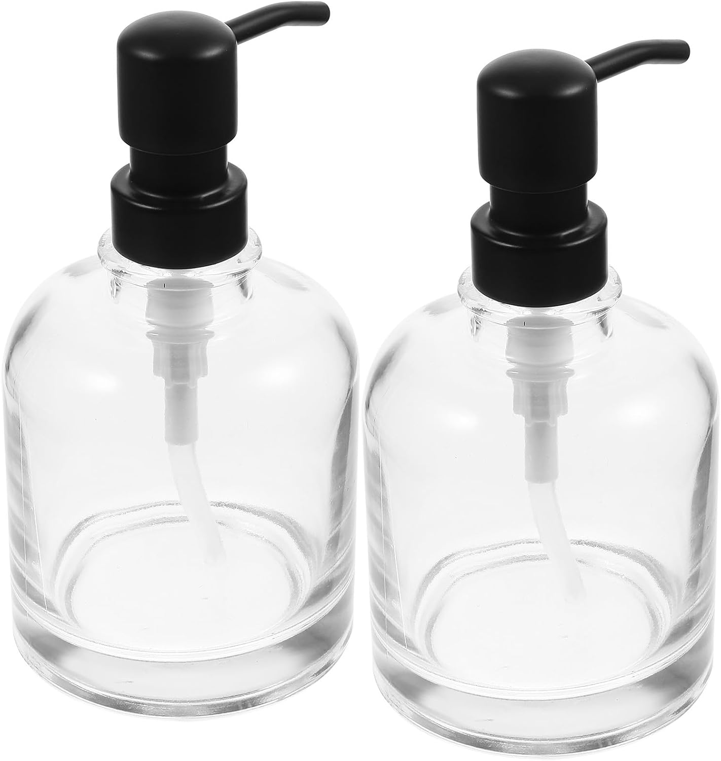 Glass Soap Dispenser Pump Bottle 12oz Refillable Stainless Steel Manual Shampoo Dispenser Set for Bathroom Travel – 2pcs (Bottle with Black Pump)