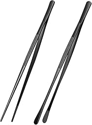 Kitchen Tweezers Tongs 2pcs, 30cm Extra-Long Non-Slip Cooking Tweezers, Stainless Steel Metal Food Tongs, for BBQ, Frying, Salad, Hot Pot, Air Fryer, Black - Straight Head + Round Head