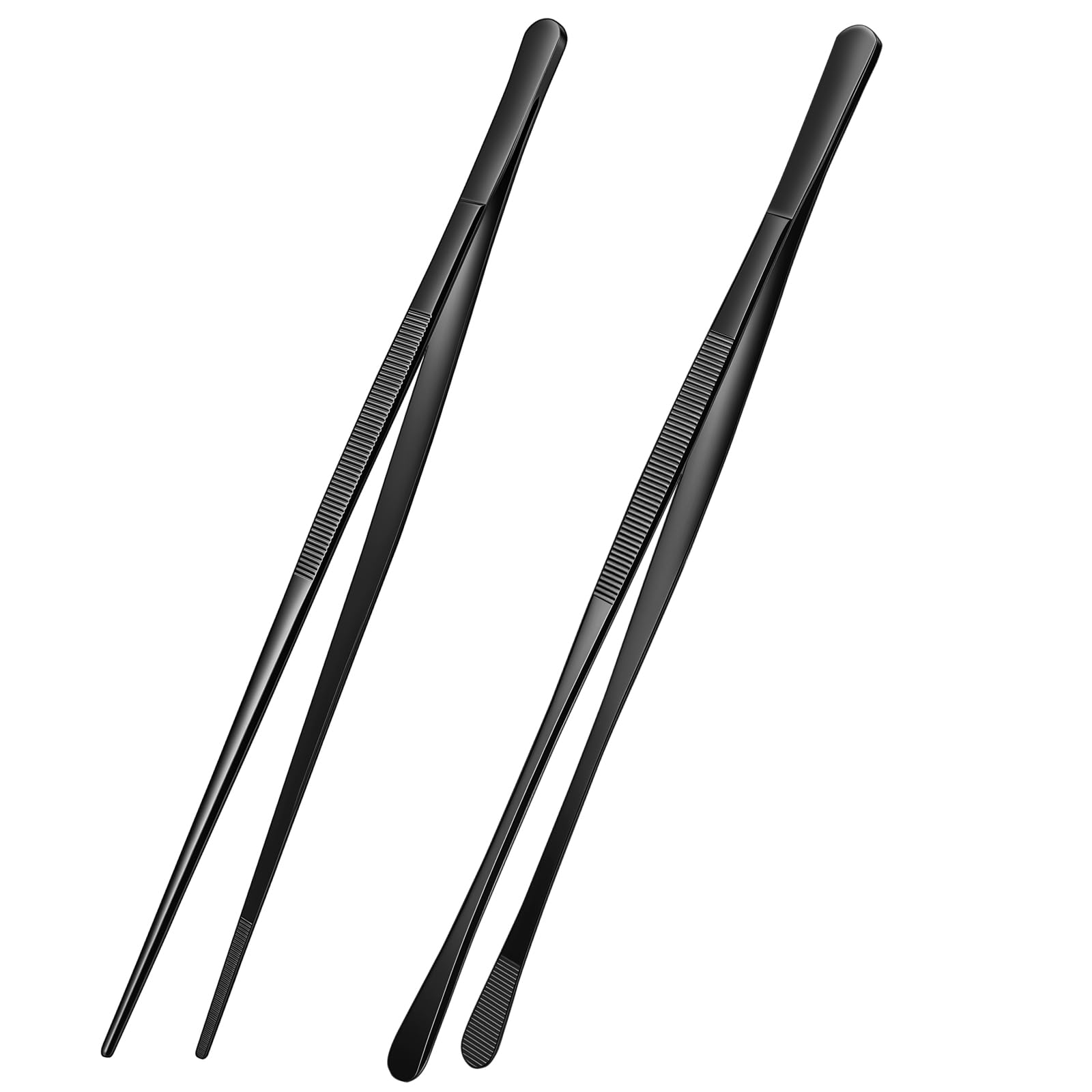 Kitchen Tweezers Tongs 2pcs, 30cm Extra-Long Non-Slip Cooking Tweezers, Stainless Steel Metal Food Tongs, for BBQ, Frying, Salad, Hot Pot, Air Fryer, Black - Straight Head + Round Head - 1