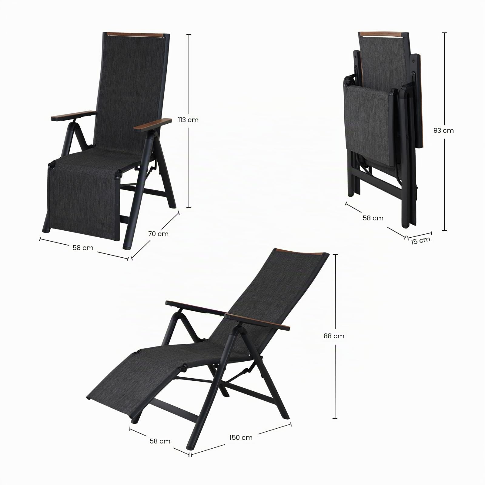 Grand patio Sedia reclinabile da giardino con poggiapiedi, sedia pieghevole in alluminio, leggera, portatile, regolabile in 6 posizioni, schienale alto, in tessuto, per esterni, colore: scuro