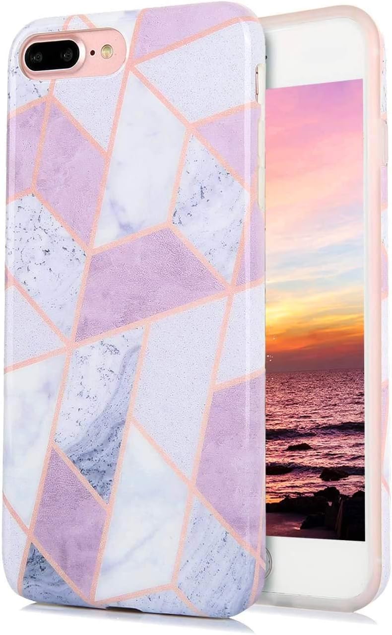 TRENSOM Marble iPhone 8 Plus Case, iPhone 7 Plus Case Gold Stripes, Glossy White Pink Purple Geometry Pattern IMD Hybrid Hard TPU Shockproof Phone Cases Cover for Women Girls for iPhone SE 2020 Case