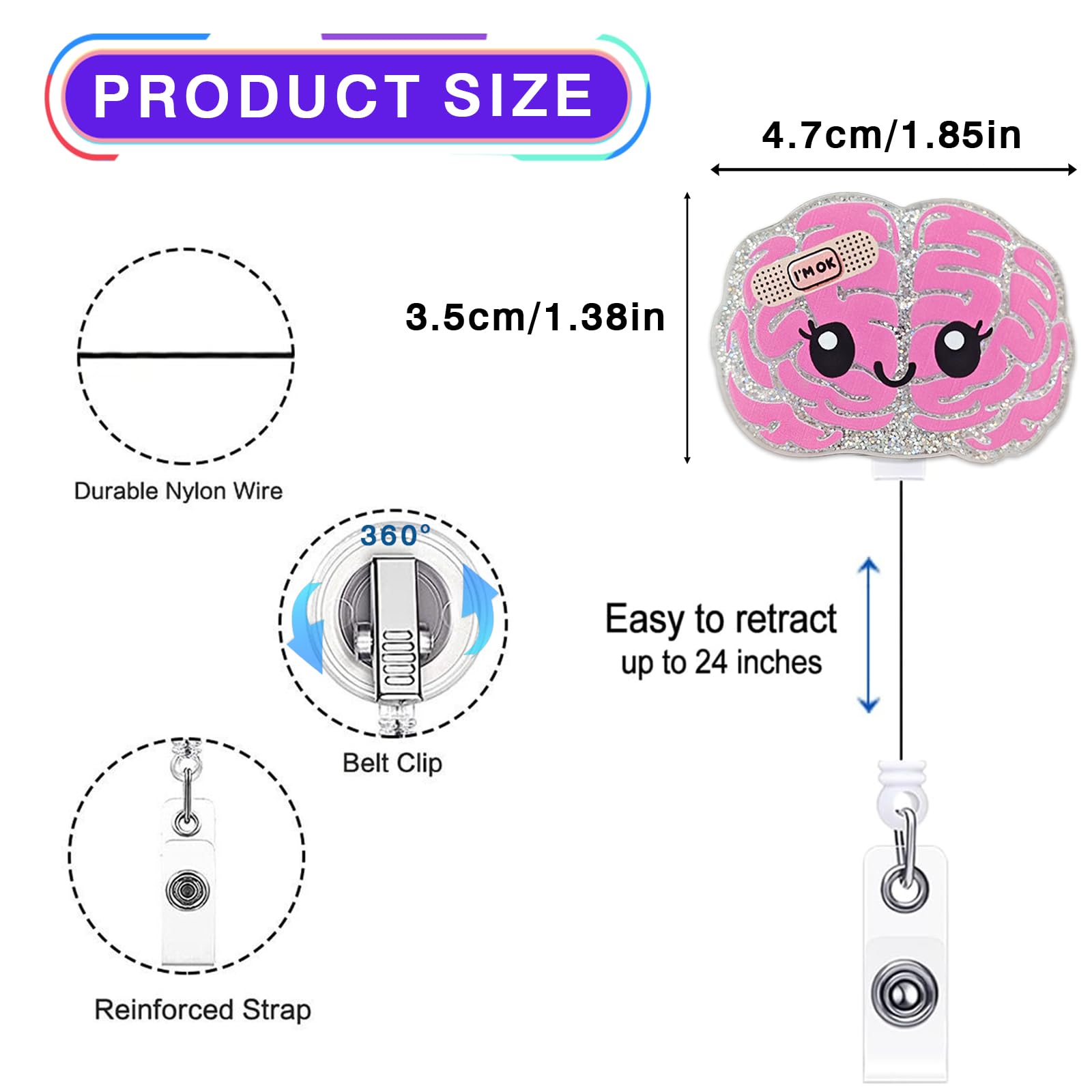 Funny Brain Badge Reel Retractable for Neurology Nurse, Neuro Nurse Brain Badge Holder for Work, Personalized Neurologist Gifts, Neuroscience Badge Holder with Alligator Clip & 24” Durable Nylon Cord