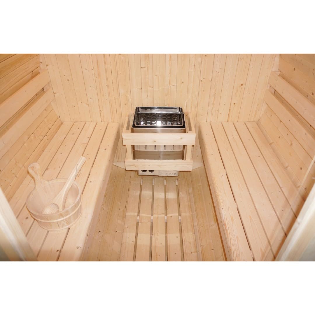 SANOTECHNIK Tromsöl L Sauna d'extérieur pour 4 personnes, sauna de jardin en épicéa avec four électrique de 6,0 kW, pierres de sauna et accessoires, toit asphalte, 180 x 189 x 191,5 cm